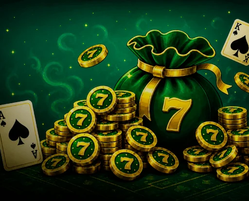 Peça da área de promoções da 7Games, com caixa de presente e moedas sobre fundo verde